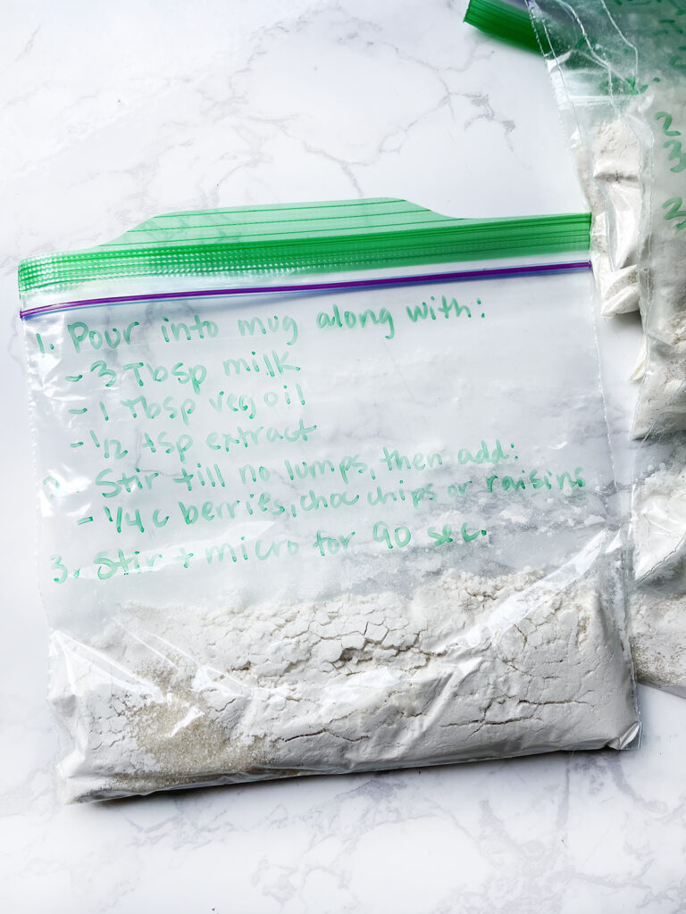 Sharpie-written instructions on the outside of a single ziploc bag containing dry ingredients.