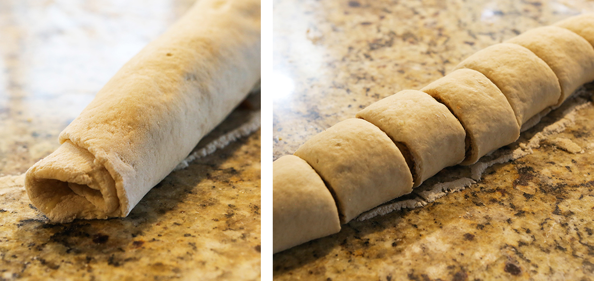 Dough rolled up into a log, next to an image of the log cut into eight equal pieces.