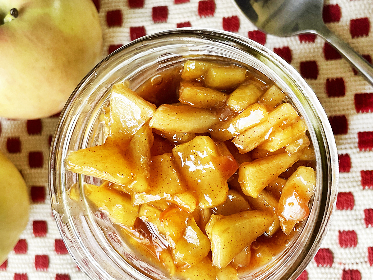 Apple topping for pancakes in a mason jar.