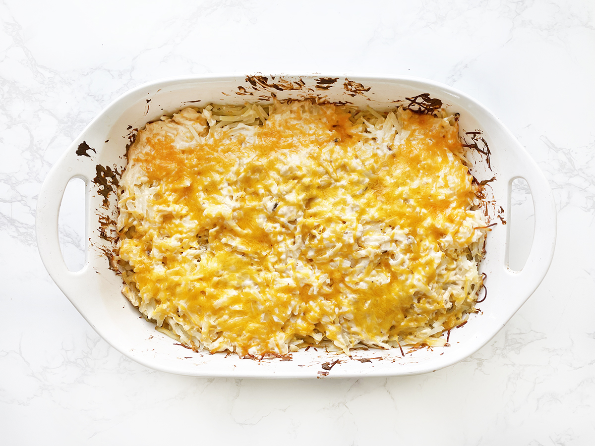 Baked potato casserole in dish.